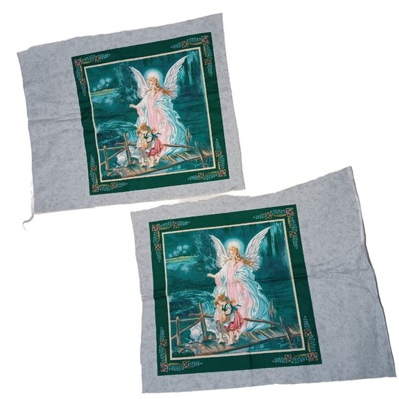 Guardian Angel Fabric Panel Quilt Square Pair 2 Green Children Craft Sewing Sew - Picture 1 of 6